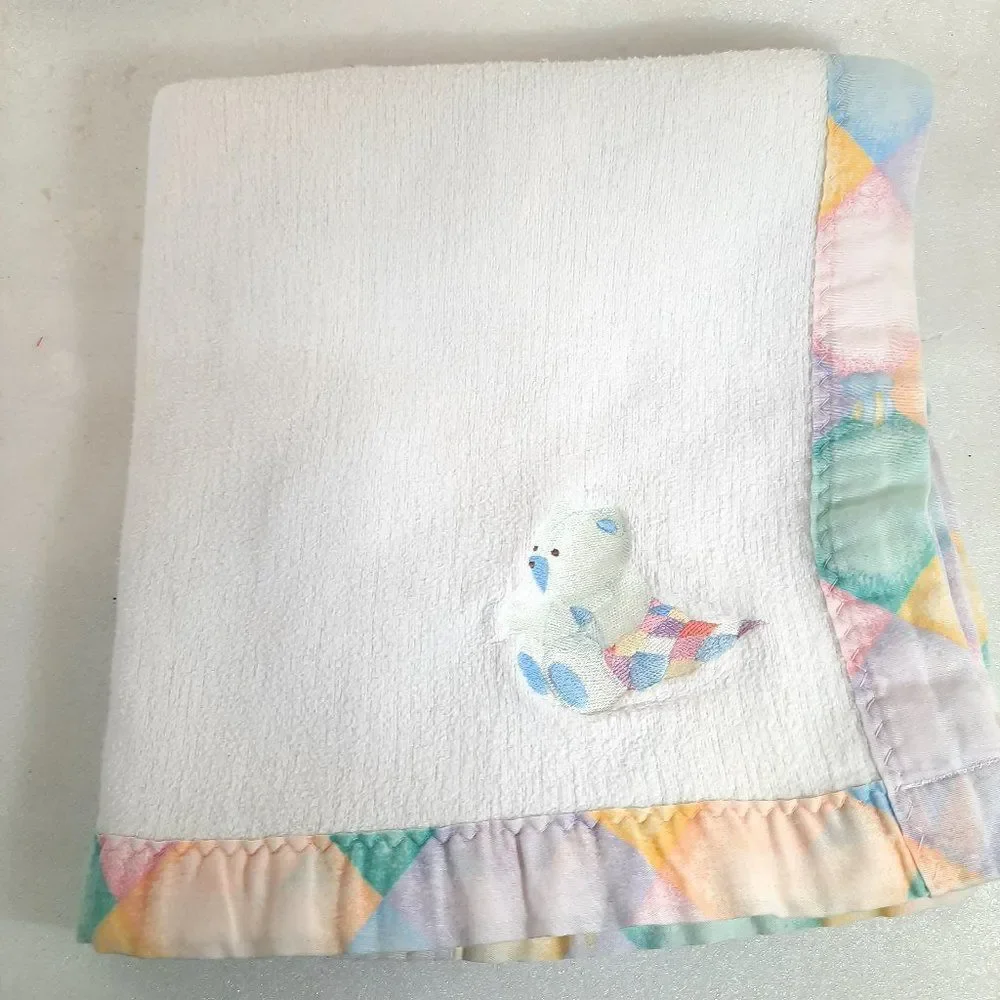 Vintage Carter's Teddy Bear baby Blanket Pastel patchwork Pattern‎ Cotton USA